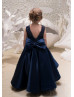 Navy Blue Lace Satin High Low Classic Flower Girl Dress